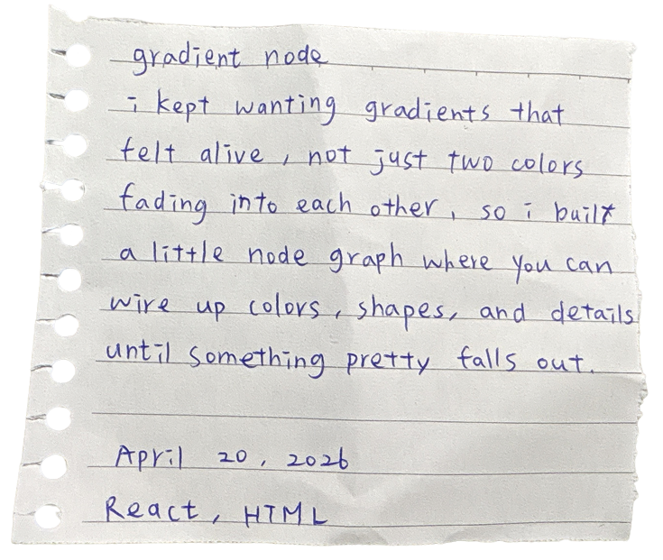 gradient node — i kept wanting gradients that felt alive, not just two colors fading into each other. so i built a little node graph where you wire up colors, shapes, and details until something pretty falls out. April 20, 2026. React, HTML